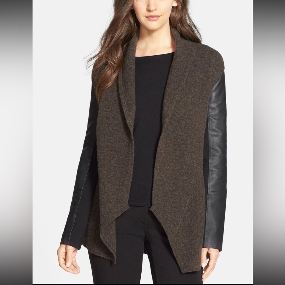 Eileen Fisher Brown Wool Black Leather Sleeve Cardigan Sweater